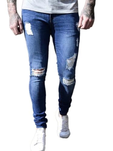 Osheoiso Herren Destroyed Jeans Biker Hose Herren Löcher Lang Jeans Denim Hose Vintage Männer Zerrissen Jeanshose Skinny Jeanshosen Bleistifthose Slim Fit H Dunkelblau XXL von Osheoiso