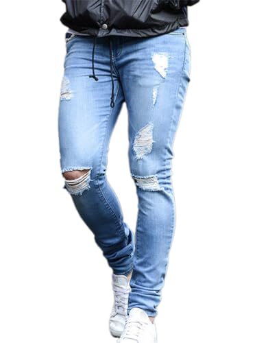 Osheoiso Herren Destroyed Jeans Biker Hose Herren Löcher Lang Jeans Denim Hose Vintage Männer Zerrissen Jeanshose Skinny Jeanshosen Bleistifthose Slim Fit H Hellblau XXL von Osheoiso