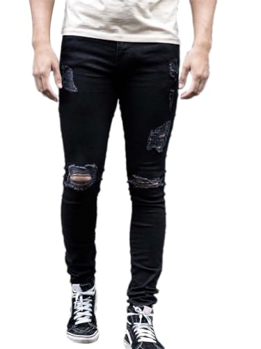 Osheoiso Herren Destroyed Jeans Biker Hose Herren Löcher Lang Jeans Denim Hose Vintage Männer Zerrissen Jeanshose Skinny Jeanshosen Bleistifthose Slim Fit H Schwarz S von Osheoiso