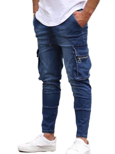 Osheoiso Herren Destroyed Jeans Biker Hose Herren Löcher Lang Jeans Denim Hose Vintage Männer Zerrissen Jeanshose Skinny Jeanshosen Bleistifthose Slim Fit I Dunkelblau XXL von Osheoiso