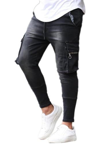 Osheoiso Herren Destroyed Jeans Biker Hose Herren Löcher Lang Jeans Denim Hose Vintage Männer Zerrissen Jeanshose Skinny Jeanshosen Bleistifthose Slim Fit I Schwarz L von Osheoiso