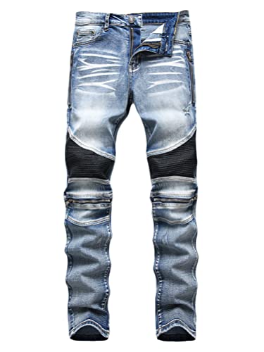 Osheoiso Herren Destroyed Jeans Biker Hose Herren Löcher Slim Fit Lang Jeans Denim Hose Mode Männer Zerrissen Jeanshose Skinny Jeanshosen Bleistifthose Hosen A Hellblau 32 von Osheoiso