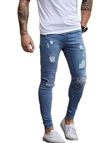 Osheoiso Herren Destroyed Jeans Biker Hose Herren Löcher Slim Fit Lang Jeans Denim Hose Vintage Männer Zerrissen Jeanshose Skinny Jeanshosen Bleistifthose Hosen D Hellblau S von Osheoiso