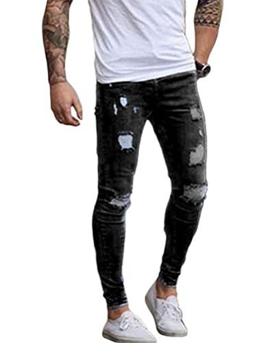 Osheoiso Herren Destroyed Jeans Biker Hose Herren Löcher Slim Fit Lang Jeans Denim Hose Vintage Männer Zerrissen Jeanshose Skinny Jeanshosen Bleistifthose Hosen D Schwarz L von Osheoiso