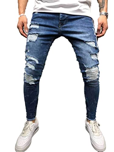 Osheoiso Herren Destroyed Jeans Biker Hose Herren Löcher Slim Fit Lang Jeans Denim Hose Vintage Männer Zerrissen Jeanshose Skinny Jeanshosen Bleistifthose Hosen E Blau XXL von Osheoiso