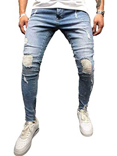 Osheoiso Herren Destroyed Jeans Biker Hose Herren Löcher Slim Fit Lang Jeans Denim Hose Vintage Männer Zerrissen Jeanshose Skinny Jeanshosen Bleistifthose Hosen E Hellblau L von Osheoiso