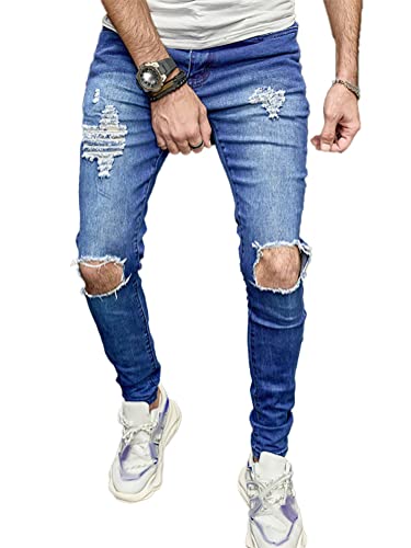 Osheoiso Herren Destroyed Jeans Biker Hose Herren Löcher Slim Fit Lang Jeans Denim Hose Vintage Männer Zerrissen Jeanshose Skinny Jeanshosen Bleistifthose Hosen F Dunkelblau S von Osheoiso