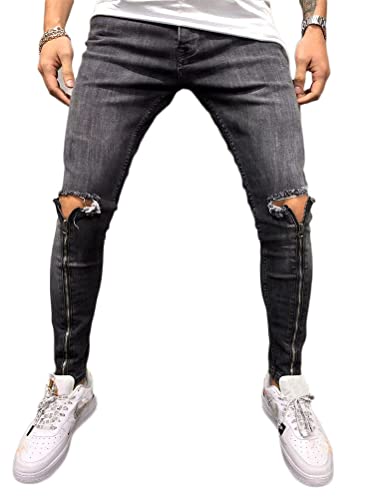 Osheoiso Herren Destroyed Jeans Biker Hose Herren Löcher Slim Fit Lang Jeans Denim Hose Vintage Männer Zerrissen Jeanshose Skinny Jeanshosen Bleistifthose Hosen F Grau L von Osheoiso