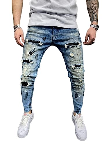 Osheoiso Herren Destroyed Jeans Biker Hose Herren Löcher Slim Fit Lang Jeans Denim Hose Vintage Männer Zerrissen Jeanshose Skinny Jeanshosen Bleistifthose Hosen G1 Blau S von Osheoiso