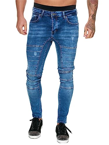 Osheoiso Herren Destroyed Jeans Biker Hose Herren Löcher Slim Fit Lang Jeans Denim Hose Vintage Männer Zerrissen Jeanshose Skinny Jeanshosen Bleistifthose Hosen G2 Dunkelblau L von Osheoiso