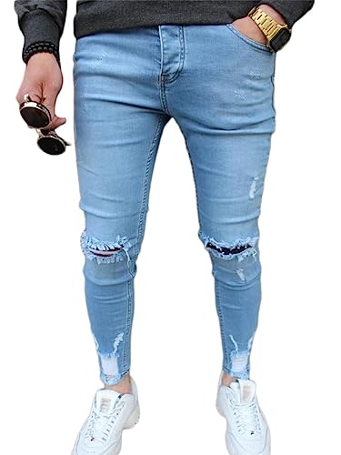 Osheoiso Herren Destroyed Jeans Biker Hose Herren Löcher Slim Fit Lang Jeans Denim Hose Vintage Männer Zerrissen Jeanshose Skinny Jeanshosen Bleistifthose Hosen G5 Hellblau XXL von Osheoiso