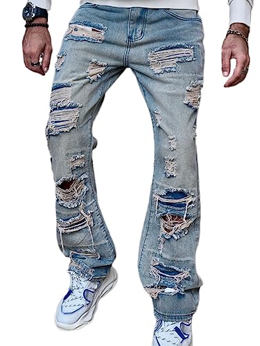 Osheoiso Herren Destroyed Jeans Biker Hose Herren Löcher Slim Fit Lang Jeans Denim Hose Vintage Männer Zerrissen Jeanshose Skinny Jeanshosen Bleistifthose Hosen G6 Hellblau XXL von Osheoiso