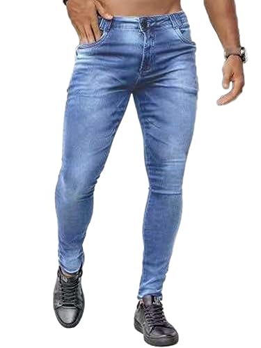 Osheoiso Herren Jeans Hose Slim Fit Denim Destroyed Jeanshose für Männer Hip Hop Hose Coole Jungen Mode Stretch Freizeithose Schwarze Cargo Chino Hose Herbst I Hellblau XL von Osheoiso