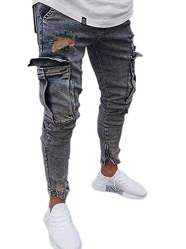 Osheoiso Herren Jeans Hose Slim Fit Denim Destroyed Jeanshose für Männer Hip Hop Hose Coole Jungen Mode Stretch Freizeithose Schwarze Cargo Chino Hose Herbst J Grau XL von Osheoiso