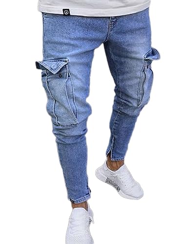 Osheoiso Herren Jeans Hose Slim Fit Denim Destroyed Jeanshose für Männer Hip Hop Hose Coole Jungen Mode Stretch Freizeithose Schwarze Cargo Chino Hose Herbst J Hellblau 3XL von Osheoiso