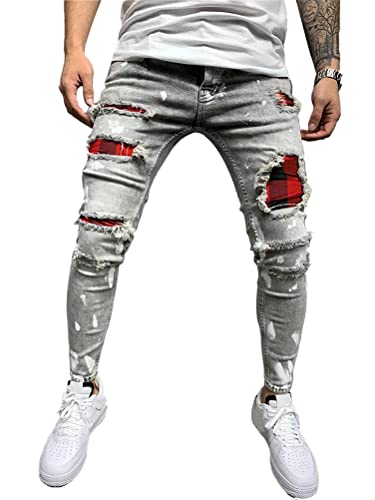Osheoiso Herren Jeans Hose Slim Fit Denim Lange Destroyed Jeanshose für Männer Hip Hop Hose Coole Jungen Casual Stretch Freizeithose Schwarze Cargo Chino Hose A Grau XL von Osheoiso