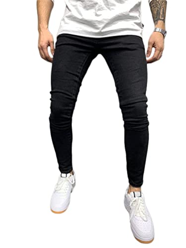 Osheoiso Herren Jeans Hose Slim Fit Denim Lange Destroyed Jeanshose für Männer Hip Hop Hose Coole Jungen Casual Stretch Freizeithose Schwarze Cargo Chino Hose B Schwarz 3XL von Osheoiso