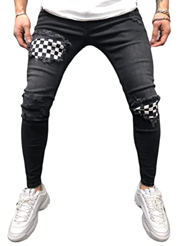 Osheoiso Herren Jeans Hose Slim Fit Denim Lange Destroyed Jeanshose für Männer Hip Hop Hose Coole Jungen Casual Stretch Freizeithose Schwarze Cargo Chino Hose F Schwarz L von Osheoiso