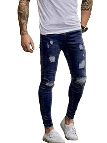 Osheoiso Herren Jeans Hose Slim Fit Denim Lange Destroyed Jeanshose für Männer Hip Hop Hose Coole Jungen Mode Stretch Freizeithose Schwarze Cargo Chino Hose Herbst D Dunkelblau XL von Osheoiso