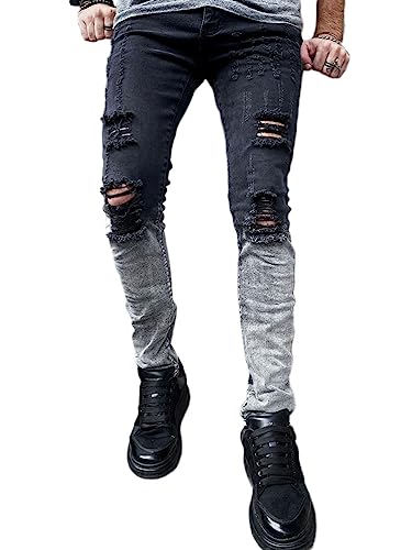 Osheoiso Herren Jeans Hose Slim Fit Denim Lange Destroyed Jeanshose für Männer Hip Hop Hose Coole Jungen Mode Stretch Freizeithose Schwarze Cargo Chino Hose Herbst G4 Schwarz M von Osheoiso