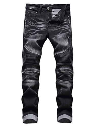 Osheoiso Herren Jeans Hose Slim Fit Denim Lange Destroyed Jeanshose für Männer Vintage Hip Hop Hose Coole Jungen Stretch Freizeithose Herbst Cargo Chino Hose A Schwarz 30 von Osheoiso