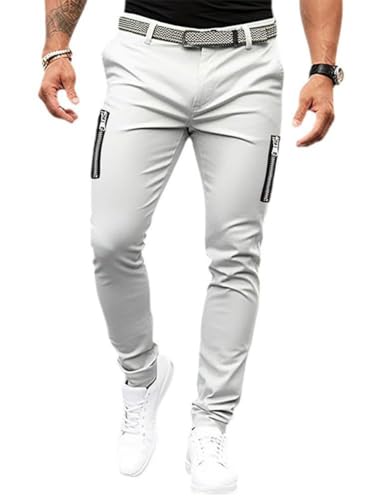Osheoiso Herren Lange Freizeithose Chino Hose Hochelastisch Leicht Einfarbig mit Taschen Elegant Chino Hose Gummibund Gürtelloch Elastisch Hosenbein Frühling D Hellgrau M von Osheoiso