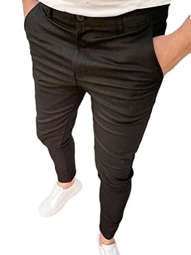 Osheoiso Herren Lange Freizeithose Elegant Chino Hose Hochelastisch Leicht Einfarbig mit Taschen Chino Hose Gummibund Gürtelloch Elastisch Hosenbein Frühling A Schwarz 3XL von Osheoiso