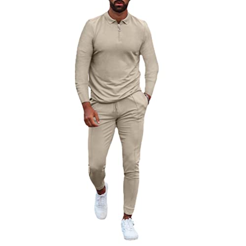 Osheoiso Herren Mode Jogginganzug Langarm Sweatshirt mit Kapuzen Herren Hosen Lang 2 Teiliges Business Polo Hemd Herbst Sportanzug Workout Set Casual Anzug B Khaki L von Osheoiso