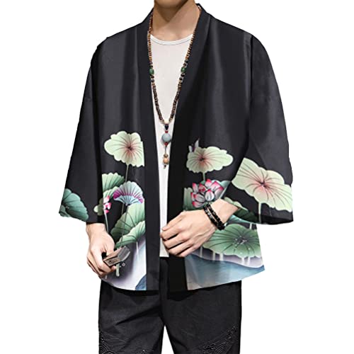 Osheoiso Herren Mode Kimono Cardigan Traditionelle Japanische Happi Bedruckter Kimono Retro Nachtwäsche Langarm Jacke Hemd Männer Yukata Kleidung Tops Kostüm Frühling B Schwarz M von Osheoiso