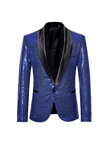 Osheoiso Herren Pailletten Langarm Blazer Business Slim Fit Herren Vintage Glanzhemd Nachtclub Blazer Männer Freizeit Mantel 70er Disco Party Glänzend Bluse B Königsblau S von Osheoiso