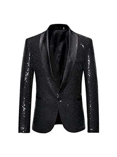 Osheoiso Herren Pailletten Langarm Blazer Business Slim Fit Herren Vintage Glanzhemd Nachtclub Blazer Männer Freizeit Mantel 70er Disco Party Glänzend Bluse B Schwarz XXL von Osheoiso