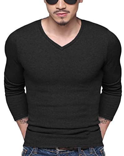 Osheoiso Herren Thermo Unterhemd Fleece Thermounterhemd Rundhalsausschnitt Thermoshirt für Herbst Winter Einfarbig Oberteile Shirt Chic Leichte Atmungsaktives B Schwarz V Neck L von Osheoiso