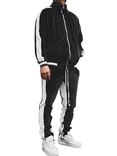 Osheoiso Herren Vintage Trainingsanzug Streifen Mantel Jacke mit Reißverschluss Jogginganzug Herbst Sportanzug Pullover Hoodie Sporthose Sportswear Set Große Größe A Schwarz M von Osheoiso