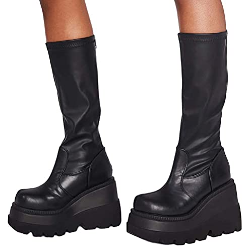 Osheoiso Hohe Stiefel Damen Plateau Stiefel Herbst Winter Plateau Lederstiefel Overknee Stiefel mit Seitlichem Reißverschluss Schnürstiefel Knielange Stiefel A Schwarz 41 EU von Osheoiso