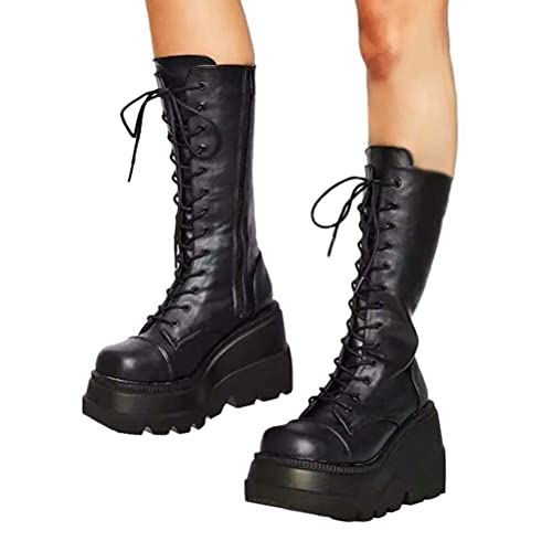Osheoiso Hohe Stiefel Damen Plateau Stiefel Herbst Winter Plateau Lederstiefel Overknee Stiefel mit Seitlichem Reißverschluss Schnürstiefel Knielange Stiefel B Schwarz 39 EU von Osheoiso