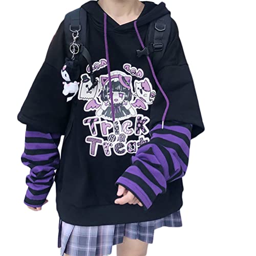 Osheoiso Japanisch Kawaii Hoodie E-Girl Streetwear Mädchen Y2K Gothic Patchwork Sweatshirt Harajuku Top T-Shirt Anime Pullover Herbst Winter Mode Pullover D1 Schwarz XL von Osheoiso