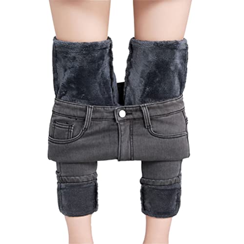 Osheoiso Jeans Damen Winter Jeans Plüsch Gefüttert Thermohose High Waist Straight Thermojeans Warm Gefüttert Jeans Lang Fleecehose Warm Leicht Outdoor Jeanshose B Grau 25 von Osheoiso