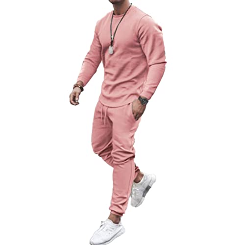 Osheoiso Jogginganzug Herren Haut Langarm + Hose Lang 2 Teiliges Sportanzug Outfit Einfarbig Freizeitanzug Set Sport Workout Sets Gym Running Klassisch Pyjama Casual A Rosa M von Osheoiso