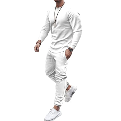 Osheoiso Jogginganzug Herren Haut Langarm + Hose Lang 2 Teiliges Sportanzug Outfit Einfarbig Freizeitanzug Set Sport Workout Sets Gym Running Klassisch Pyjama Casual A Weiß M von Osheoiso