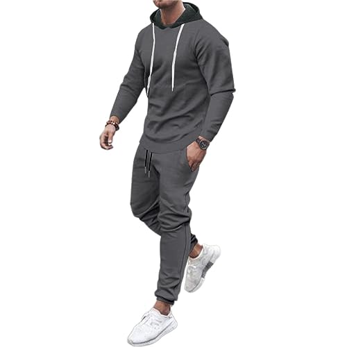 Osheoiso Jogginganzug Herren Haut Langarm + Hose Lang 2 Teiliges Sportanzug Outfit Einfarbig Freizeitanzug Workout Sets Gym Running Klassisch Pyjama Casual C Dunkelgrau XL von Osheoiso