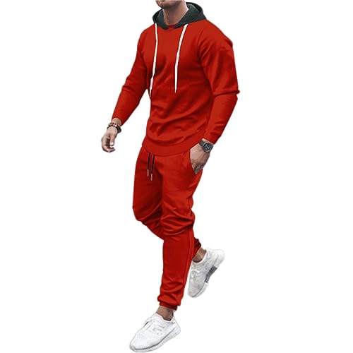 Osheoiso Jogginganzug Herren Haut Langarm + Hose Lang 2 Teiliges Sportanzug Outfit Einfarbig Freizeitanzug Workout Sets Gym Running Klassisch Pyjama Casual C Rot M von Osheoiso