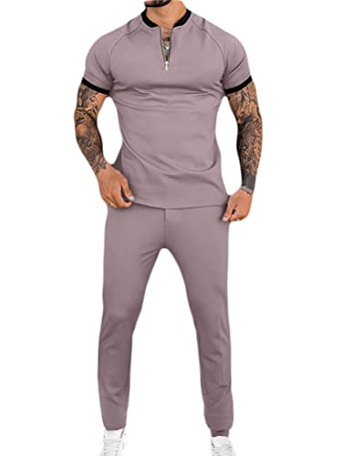 Osheoiso Jogginganzug Herren Kurzarm + Hose Lang 2 Teiliges Sportanzug Outfit Einfarbig Männer Mode Freizeitanzug Set Sport Workout Business Sets Gym Running Klassisch A Aprikose XL von Osheoiso