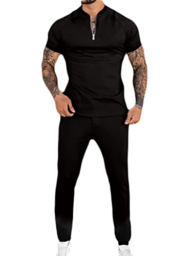 Osheoiso Jogginganzug Herren Kurzarm + Hose Lang 2 Teiliges Sportanzug Outfit Einfarbig Männer Mode Freizeitanzug Set Sport Workout Business Sets Gym Running Klassisch A Schwarz M von Osheoiso