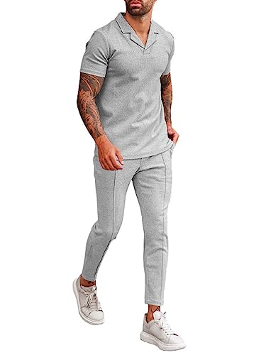 Osheoiso Jogginganzug Herren Kurzarm Tops + Hose Lang 2 Teiliges Sportanzug Outfit Oversized Männer Mode Freizeitanzug Set Sport Workout Business Sets Gym Running Klassisch C Grau M von Osheoiso