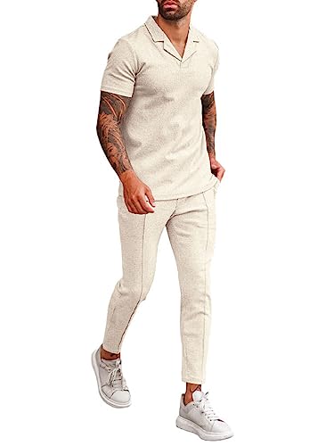 Osheoiso Jogginganzug Herren Kurzarm Tops + Hose Lang 2 Teiliges Sportanzug Outfit Oversized Männer Mode Freizeitanzug Set Sport Workout Business Sets Gym Running Klassisch C Khaki M von Osheoiso