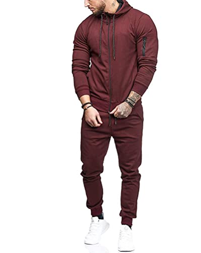 Osheoiso Jogginganzug Herren Langarm Kapuzenpullover mit Reißverschluss Hosen Lang mit Tasche 2 Teiliges Sportanzug Trainingsanzüge Outfits Set Freizeitanzug A Rot L von Osheoiso