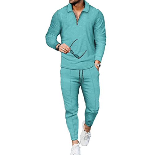 Osheoiso Jogginganzug Mode Herren Casual Anzug Langarm Polo + Hose Lang 2 Teiliges Sportanzug Outfit Sport Freizeit Sets Workout Gym Running Klassisch Pyjama A Blauer See XL von Osheoiso