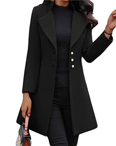 Osheoiso Kniemantel Taschen Damen Wollmantel Wintermantel Chic Warme Winterjacke Overcoat Oberbekleidung Casual Blouson Lange Ärmel A Schwarz M von Osheoiso