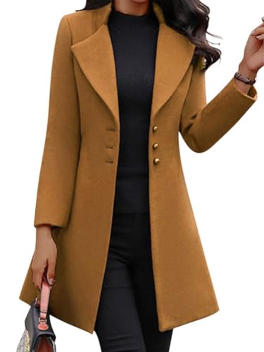 Osheoiso Kniemantel Taschen Damen Wollmantel Wintermantel Warme Winterjacke Overcoat Oberbekleidung Warm Blouson Lange Ärmel A Khaki XL von Osheoiso