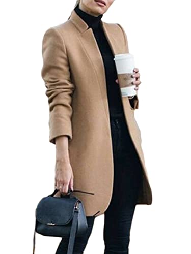 Osheoiso Kniemantel Taschen Damen Wollmantel Wintermantel Warme Winterjacke Overcoat Oberbekleidung Warm Blouson Lange Ärmel B Khaki XL von Osheoiso